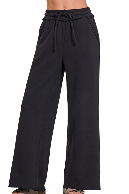 Black Wide Leg Pants – Soft Cotton Blend, Drawstring & Pockets