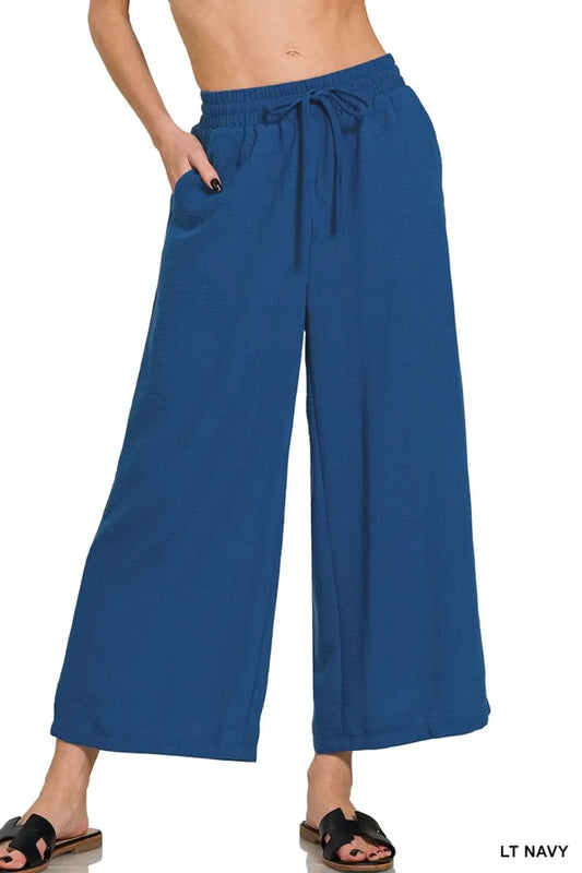 Woven Crepe Cropped Pants – Elastic Waist & Effortless Style